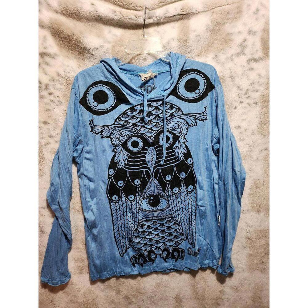Sure Designs Lightweight Crinkle‎ Hoodie Blue Owl Size Medium Unisex Design